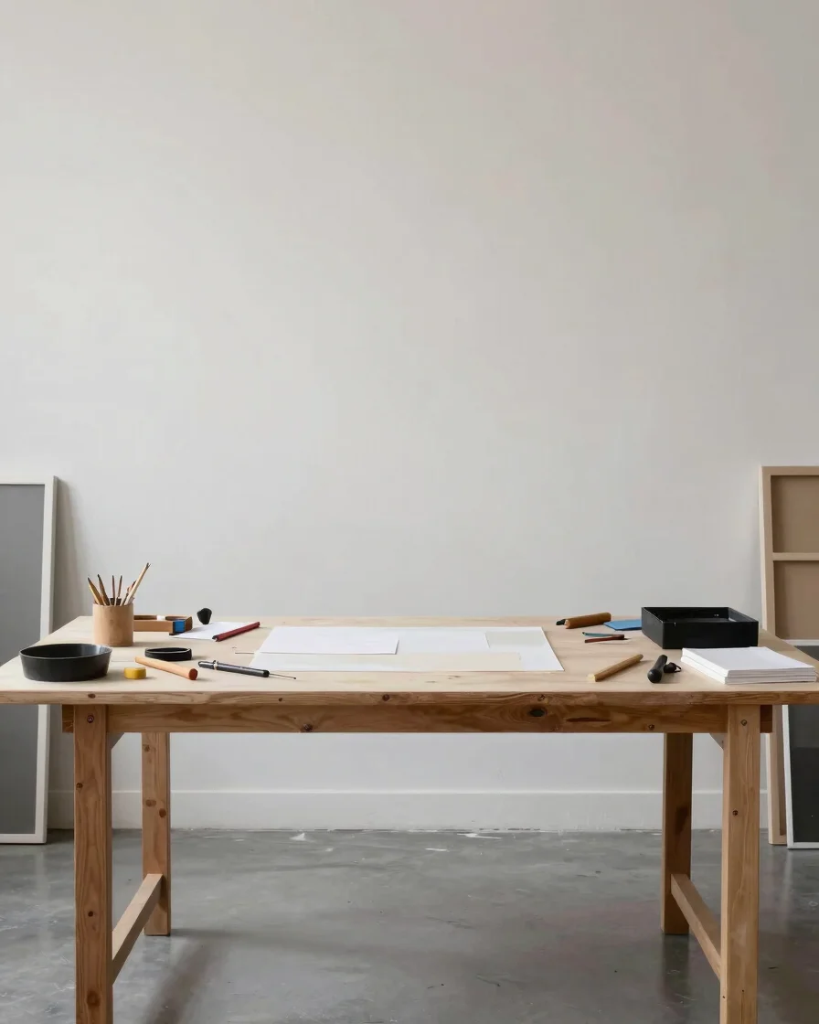 Editorial artwork photography of an artist's studio workspace, soft diffused daylight, neutral tones, straight-on framin